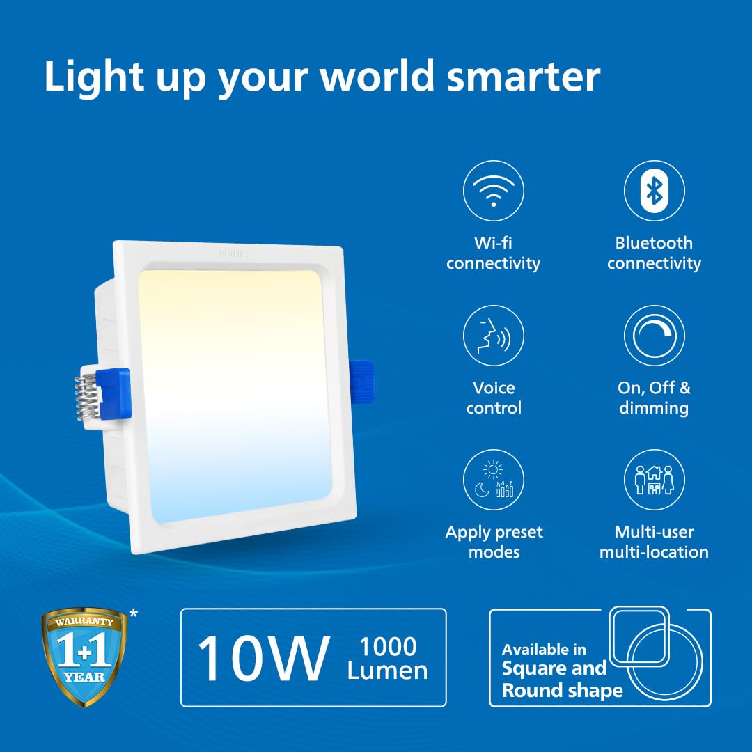 Philips 10W Square Wi-Fi Smart LED Ceiling Light for Home with Music Sync Function (Pack of 2)