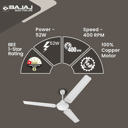 Bajaj Durato 12S1 1200MM (48") Ceiling Fans For Home | BEE Star Rated Energy Efficient Ceiling Fan | Thermatuff Technology™ | High Air Delivery & High Speed 400 RPM | 3-Yr Warranty 【White】