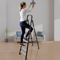 Bonkaso 7 Steps Climb Lite Pro Foldable Aluminium Ladder, Load Capacity upto 120kg, Multipurpose ladder for home & office, Anti-Skid Steps, Heavy Duty Platform, 5 Years Warranty (215h x 56w Cms) Black