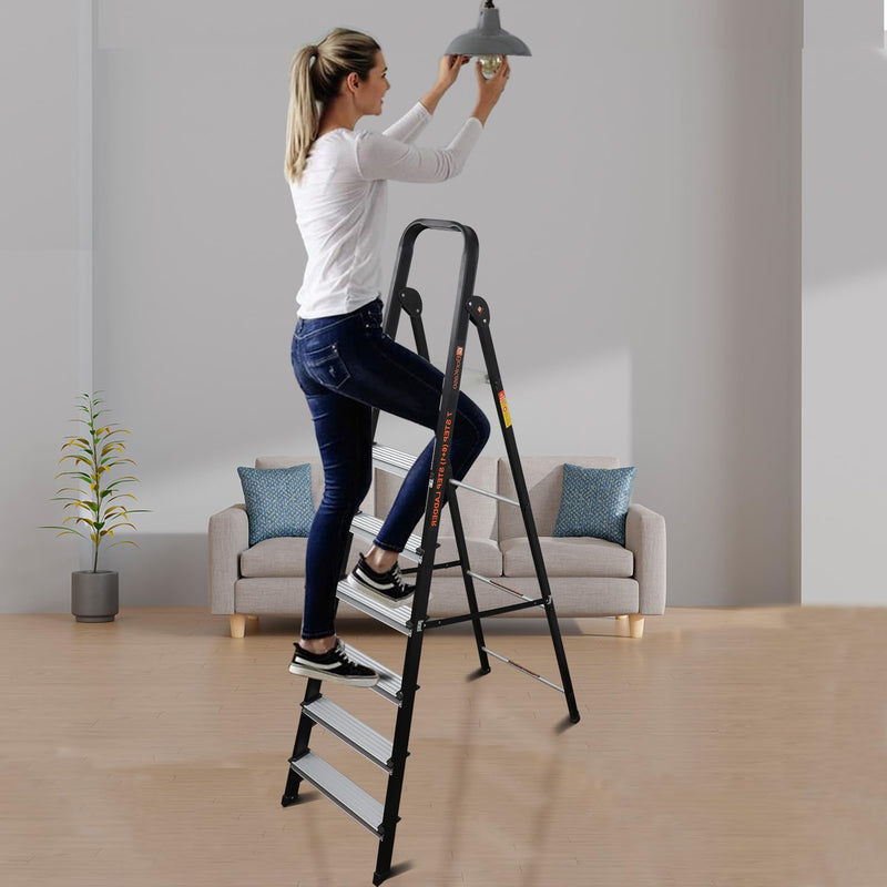 Bonkaso 7 Steps Climb Lite Pro Foldable Aluminium Ladder, Load Capacity upto 120kg, Multipurpose ladder for home & office, Anti-Skid Steps, Heavy Duty Platform, 5 Years Warranty (215h x 56w Cms) Black