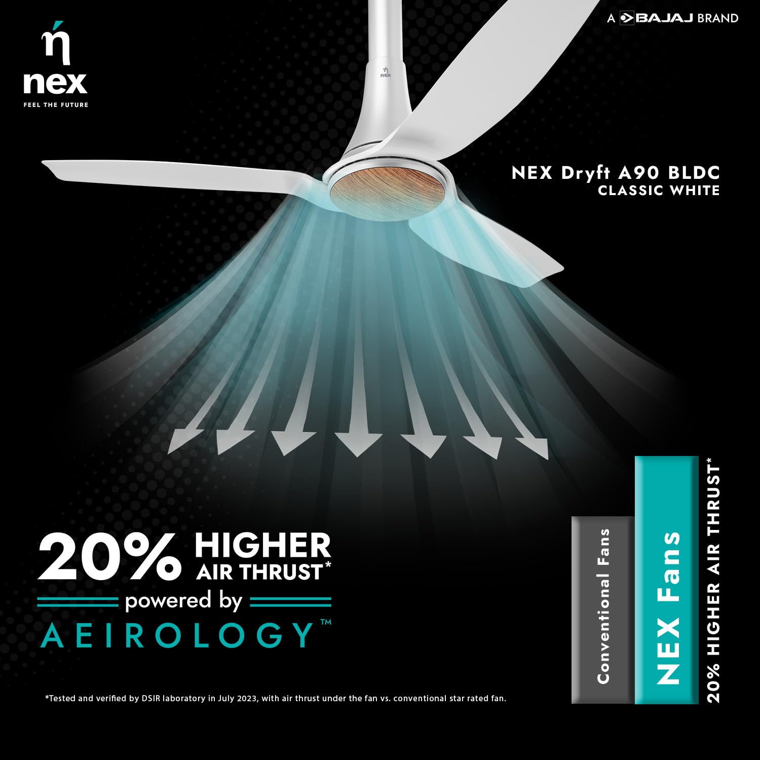 NNEX by BAJAJ Dryft A90 BLDC 1200 MM | BEE 5 Stars Rated Premium Ceiling Fan With Remote Control | 20%* Higher Air Thrust | Airfluence ABS Blade For Low Noise | 2-Yr Warranty Free Installation 【White】