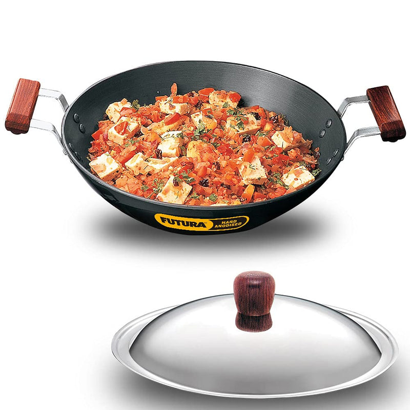 Hawkins Futura 2 Litre Deep Fry Pan, Hard Anodised Kadai with Glass Lid, Flat Bottom Kadhai, Black (AD20G)
