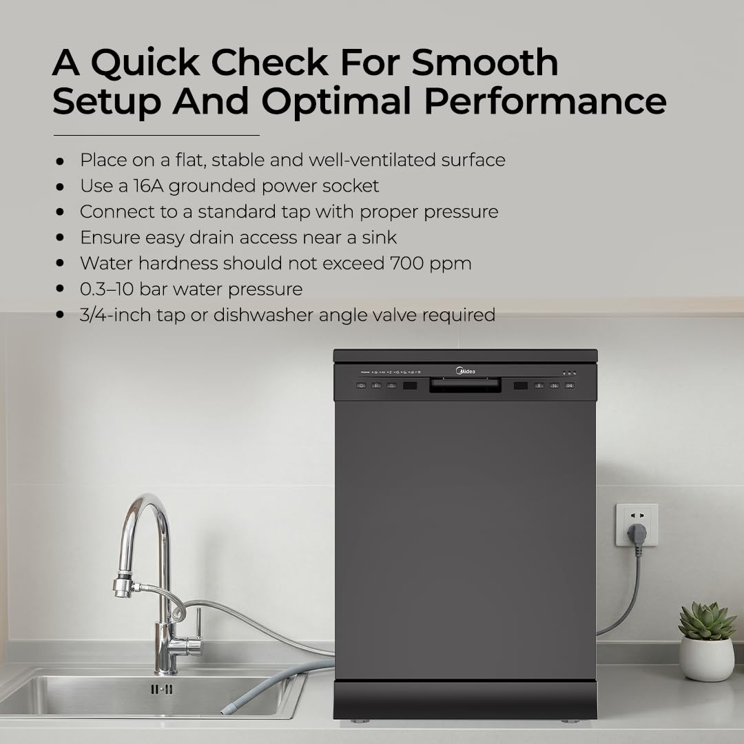 Midea 13 Place Setting Freestanding Dishwasher, 7 Wash Programs, Intensive 70°C, Glass Care Mode (MDWPF1301F(B) IN, ECO & Rapid Wash, Fully Automatic, Suitable for Indian Kitchen)