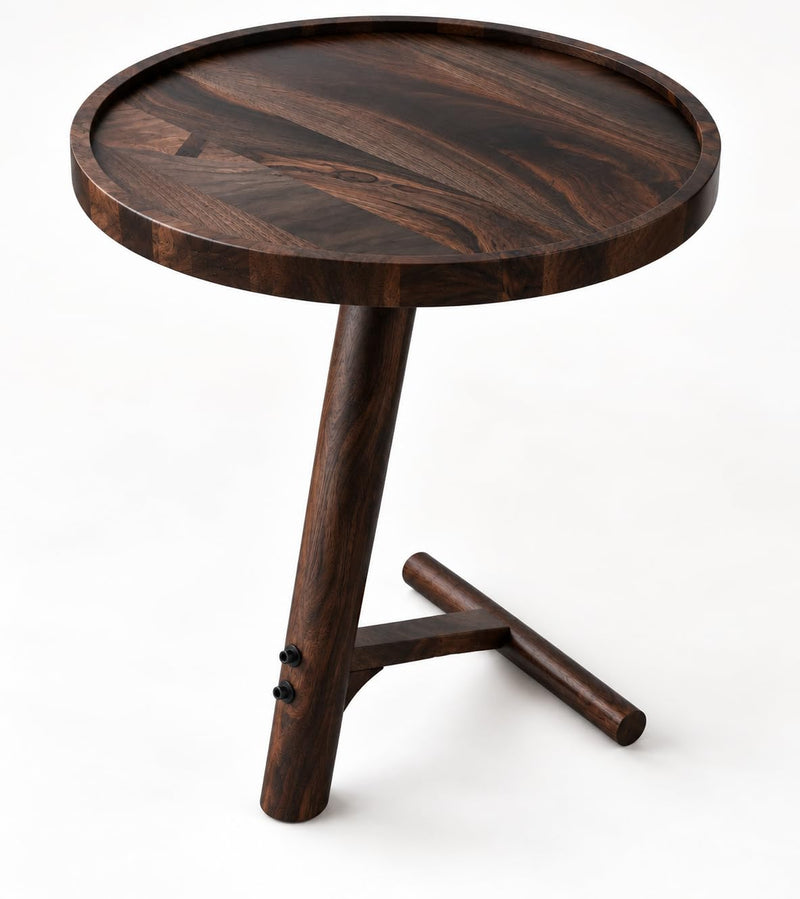 Solid Sheesham Wood C Shape Side Table for Living Room | Modern Sofa End Table | Wooden Laptop Table for Bed | 