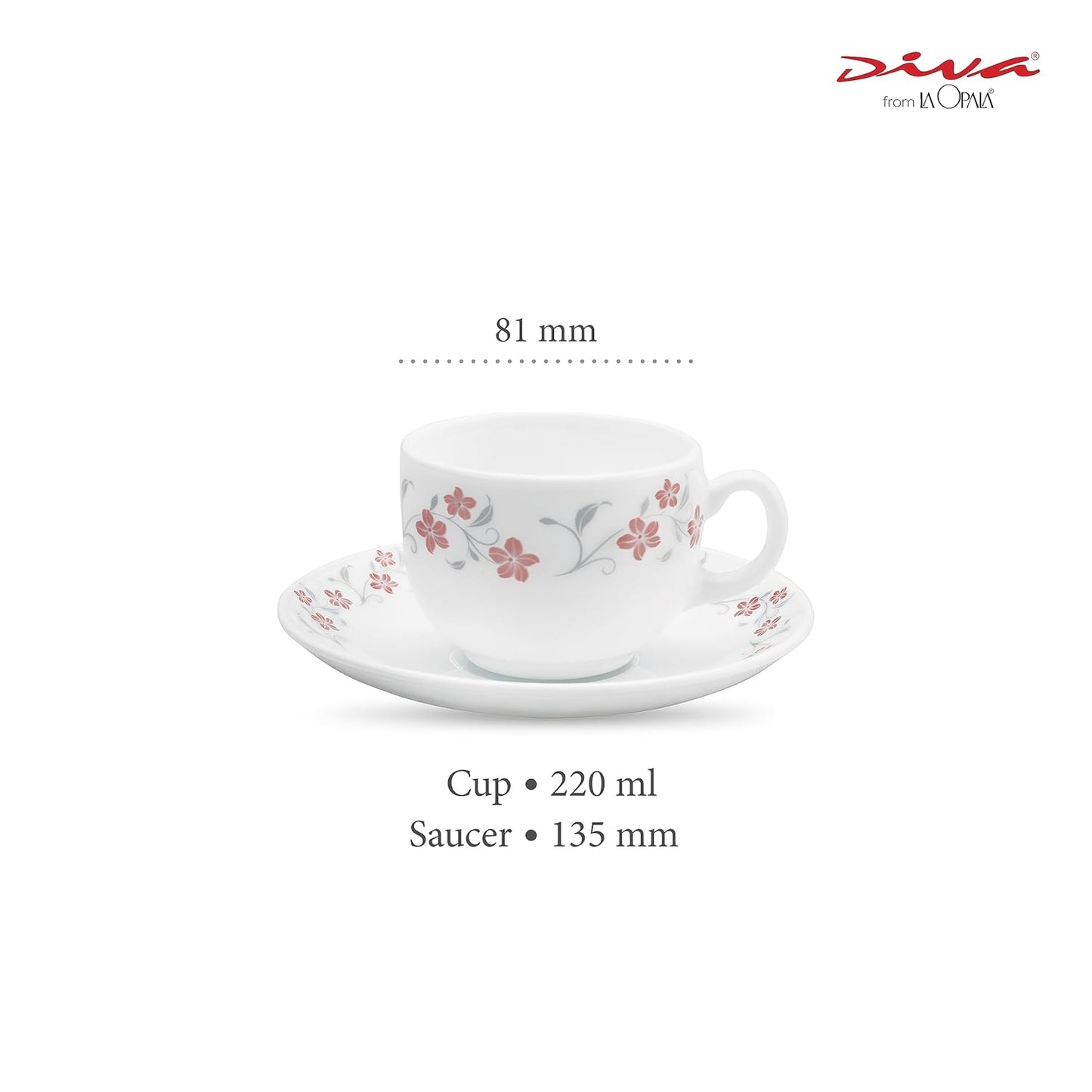 La Opala Diva, Opal Glass Crockery | Cup & Saucer Iris Large, Set of 12 | Grace Red, 220 ml | for Tea & Coffee | Microwave Safe | 100% Vegetarian | Extra Strong | Super Light | Super White