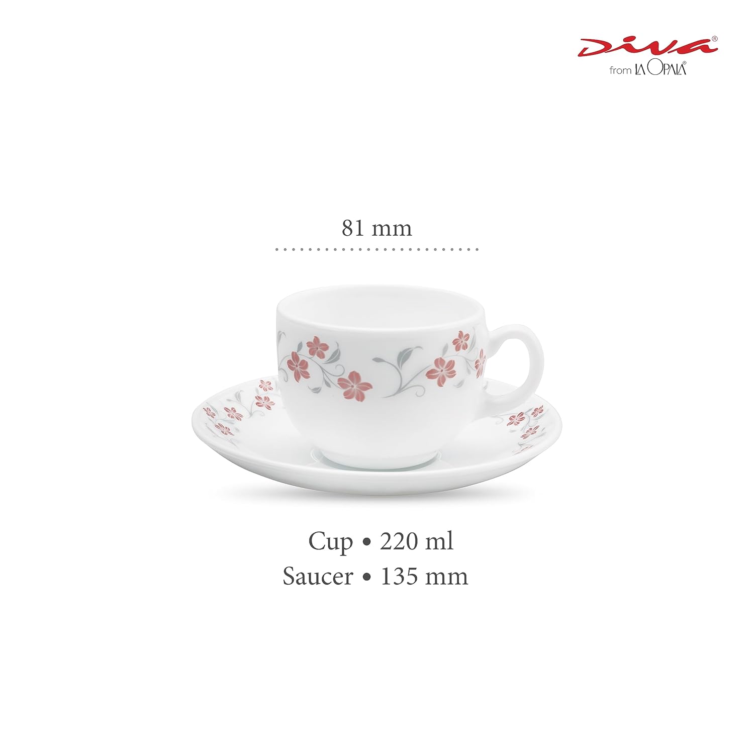 La Opala Diva, Opal Glass Crockery | Cup & Saucer Iris Large, Set of 12 | Grace Red, 220 ml | for Tea & Coffee | Microwave Safe | 100% Vegetarian | Extra Strong | Super Light | Super White