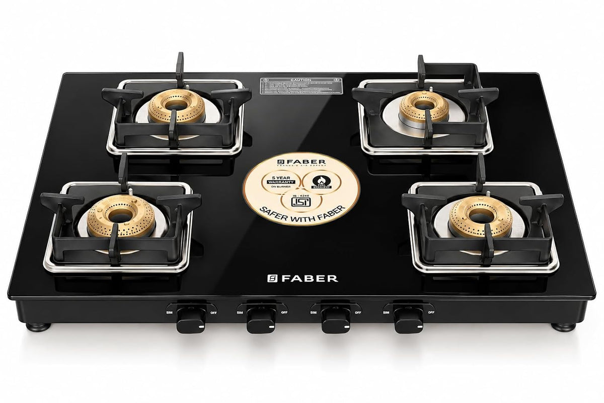 Faber Remo 4 Burner Gas Stove | 1 Jumbo + 1 Medium + 2 Small Brass Burners | Diamond Coated Pan Support | SS Drip Tray |
