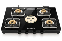 Faber Remo 4 Burner Gas Stove | 1 Jumbo + 1 Medium + 2 Small Brass Burners | Diamond Coated Pan Support | SS Drip Tray |