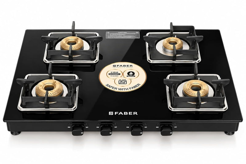 Faber Remo 4 Burner Gas Stove | 1 Jumbo + 1 Medium + 2 Small Brass Burners | Diamond Coated Pan Support | SS Drip Tray |