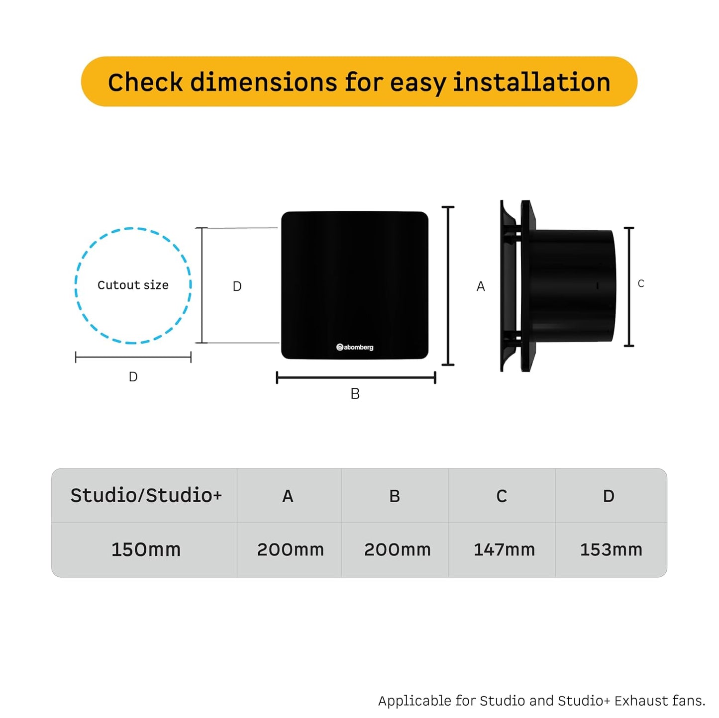 atomberg Studio Exhaust Fan 150mm (6 Inches) | BLDC Motor | 6.8W| Low Noise | 2000 RPM| Ideal for Bathroom,Kitchen | Easy to Clean | Installation-Round Cut (153mm) | 2 Years Warranty | (Gloss Black)