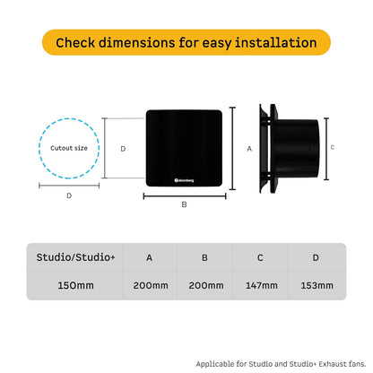 atomberg Studio Exhaust Fan 150mm (6 Inches) | BLDC Motor | 6.8W| Low Noise | 2000 RPM| Ideal for Bathroom,Kitchen | Easy to Clean | Installation-Round Cut (153mm) | 2 Years Warranty | (Gloss Black)