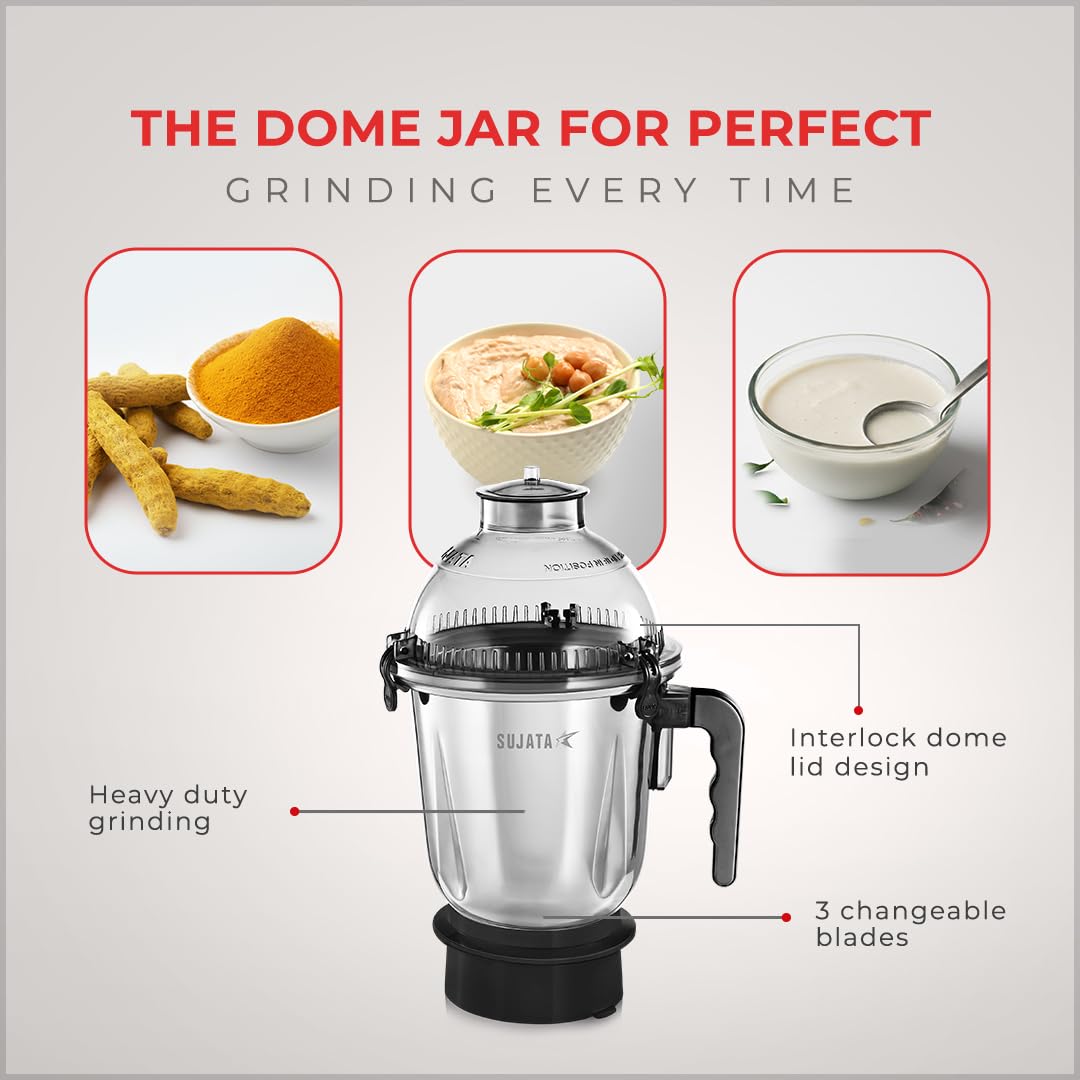 Sujata Dynamix Mixer Grinder|900 Watts Double Ball Bearing Motor|22000 RPM|Non-Stop 90 Mins Running|3 Food Grade Steel Jars - 1500ml Multipurpose, 1000ml Grinder, 500ml Chutney Jar|Black