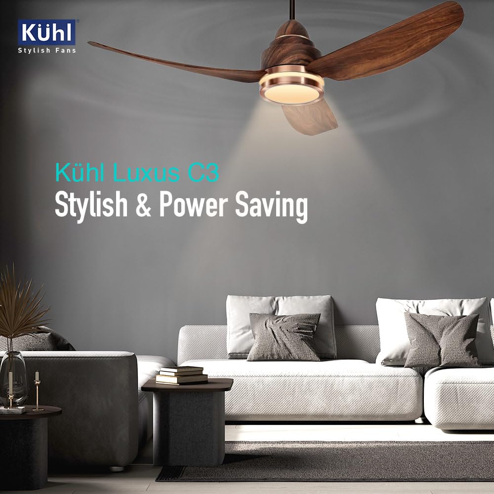 KUHL Luxus C3 1200mm Stylish 65% Power Saving BLDC Ceiling Fan with Remote | Night & Down Light|29W | BEE 5 Star | Low Noise | IoT –Operate via Mobile & Alexa | Reverse Mode | Free Installation|Teak