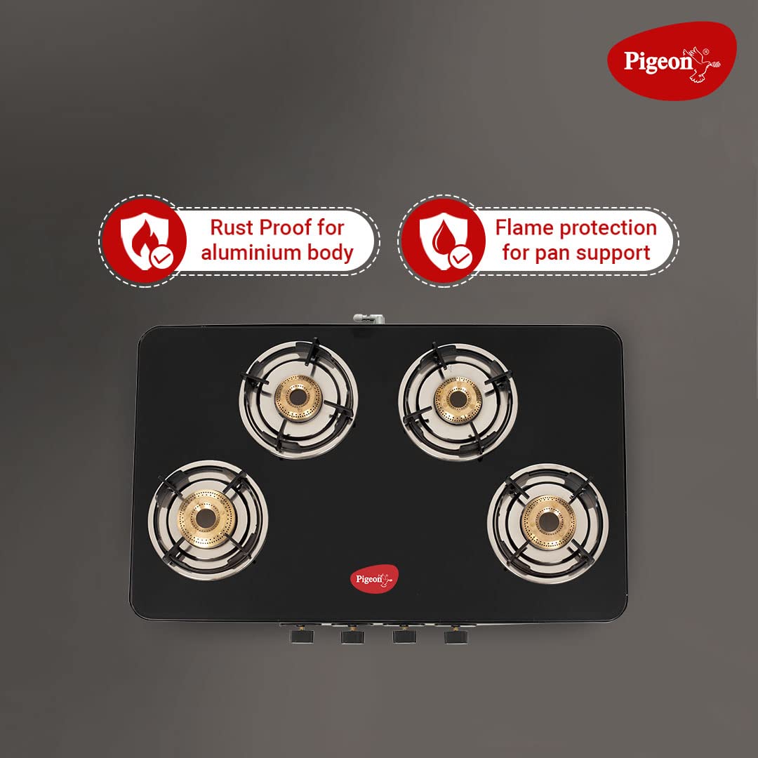 Pigeon by Stovekraft Sleek 4 Burner Ultra Slim Gas Stove with Glass Top, Tempered Glass, Manual, Black