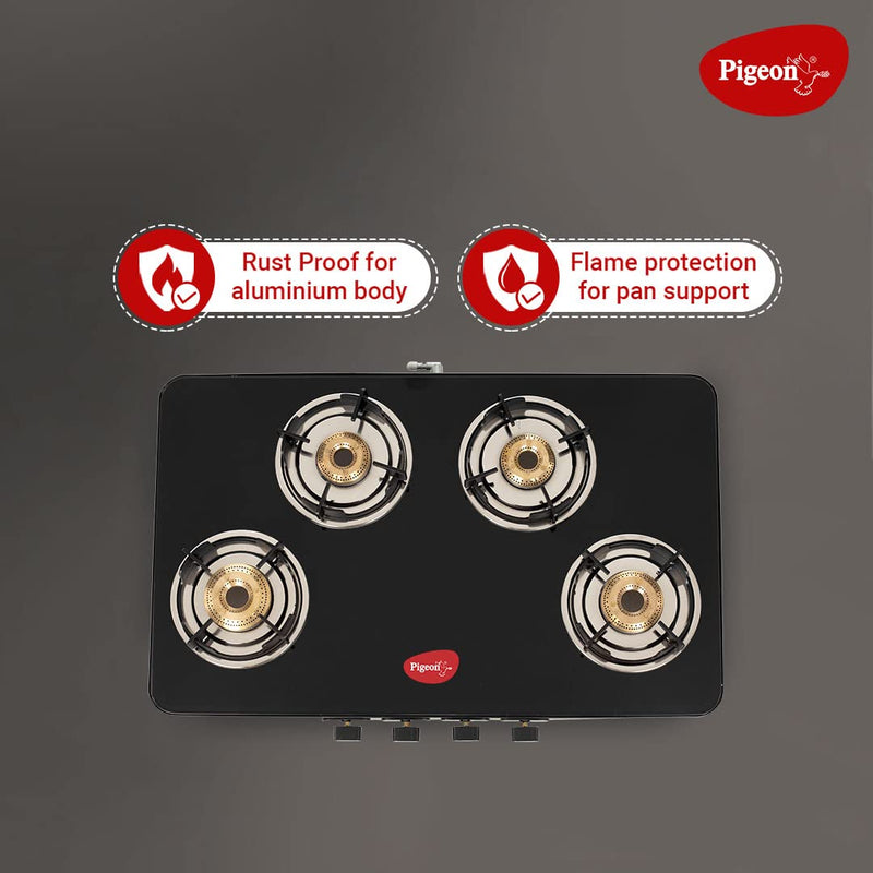 Pigeon by Stovekraft Sleek 4 Burner Ultra Slim Gas Stove with Glass Top, Tempered Glass, Manual, Black