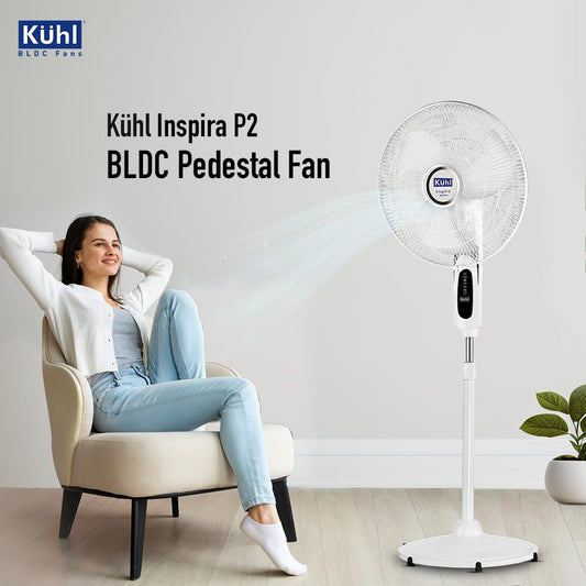 KUHL Inspira P2 High Speed BLDC Pedestal Fan With Remote | 450mm | 1400 RPM | 145 CMM High Air Delivery | 6 Speeds | Height,Tilt Adjustment | Oscillation,Timer | Low Noise | 2+5 Years warranty | White