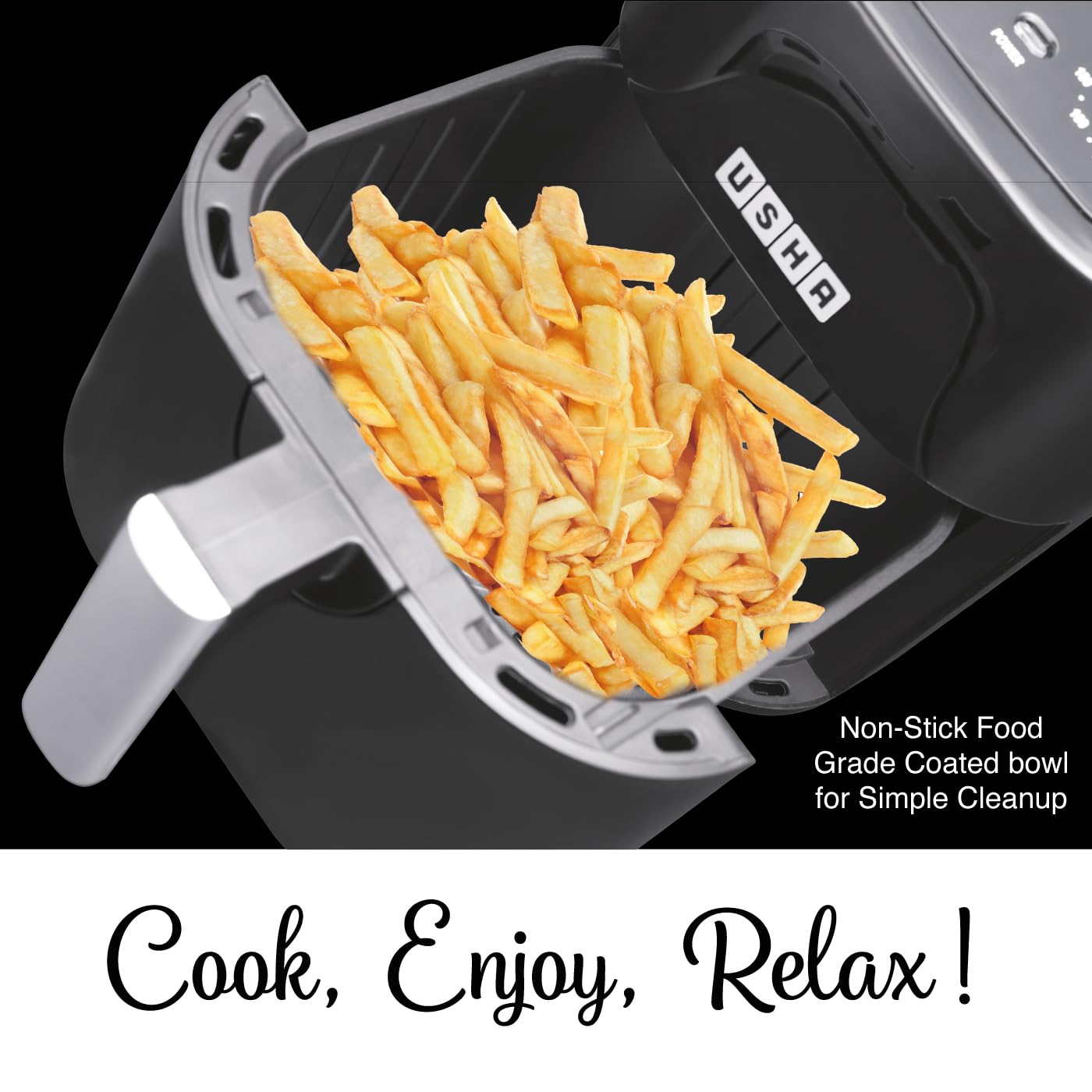 USHA Ichef Air Fryer 4.5L, 10 In 1 Functions: Air Frying, Baking, Roasting, Grilling, Thawing, Slow, Toasting And Air Drying |Turbo Air Circulation|Oil Free Cooking (Black), 1350 Watts