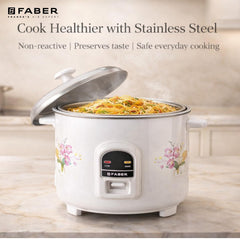 Faber 1.8L Rice Cooker|700watts|2 Stainless Steel Pot|Cool&Warm Mode|Floral White Finish| 2yrs Warranty on Product & 5yr