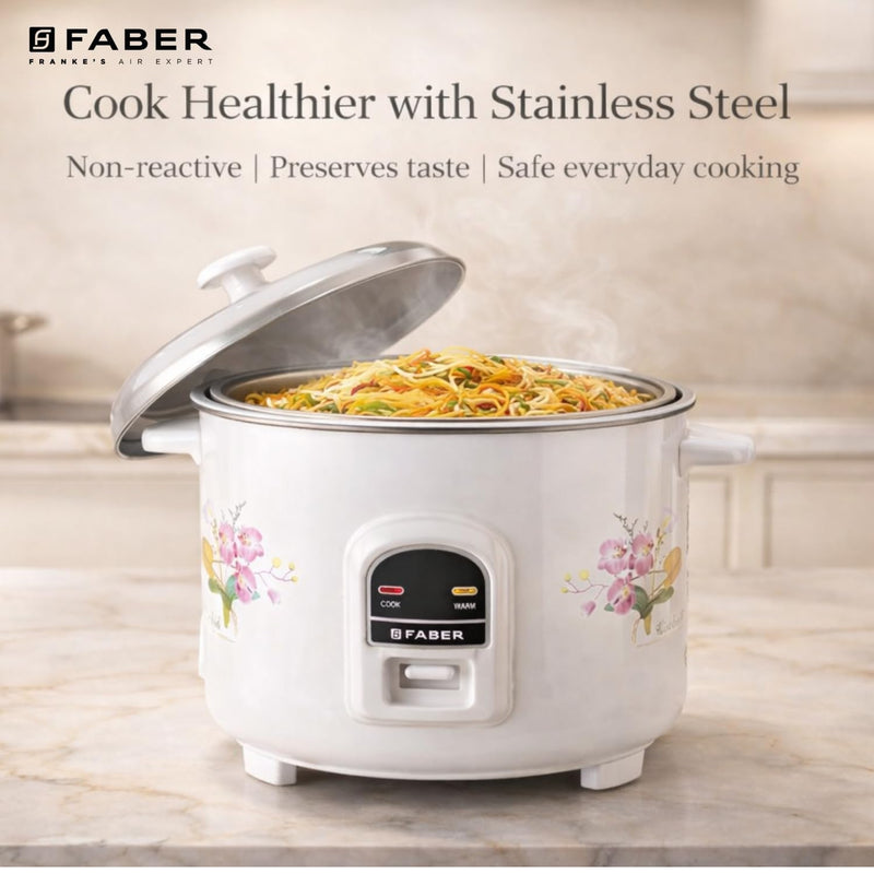 Faber 1.8L Rice Cooker|700watts|2 Stainless Steel Pot|Cool&Warm Mode|Floral White Finish| 2yrs Warranty on Product & 5yr