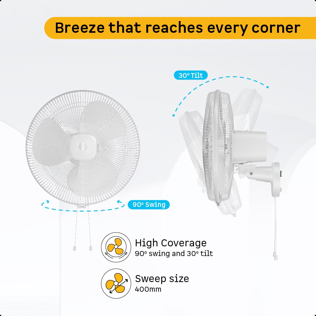 atomberg Renesa 400mm Wall Mount Fan | 5-star rated | Ideal for Home & Office | Silent BLDC Fan | 6 Speeds | 35W | Remote with Oscillation, Timer, Sleep | 2 Years Warranty (Snow White)