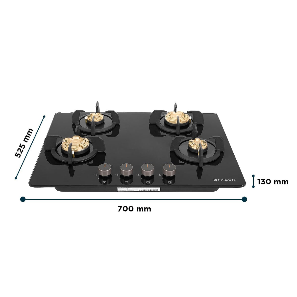 Faber 4 Burner 70cm Hobtop|Auto-Ignition |Metal Knobs|Cast Iron Pan Support |Hob/Cooktop Hybrid| Black Glass Finish |5 Y