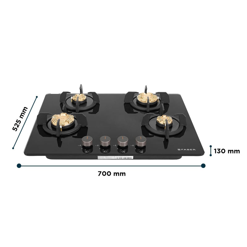 Faber 4 Burner 70cm Hobtop|Auto-Ignition |Metal Knobs|Cast Iron Pan Support |Hob/Cooktop Hybrid| Black Glass Finish |5 Y