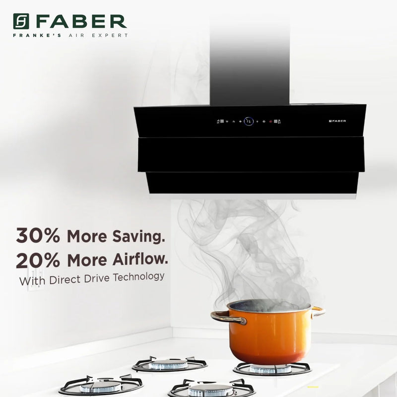 Faber 90 cm 1500 m³/hr Wall Mounted Kitchen Chimney (HOOD COMET BLDC FL HC BK 90, Filterless technology, Touch & Gesture