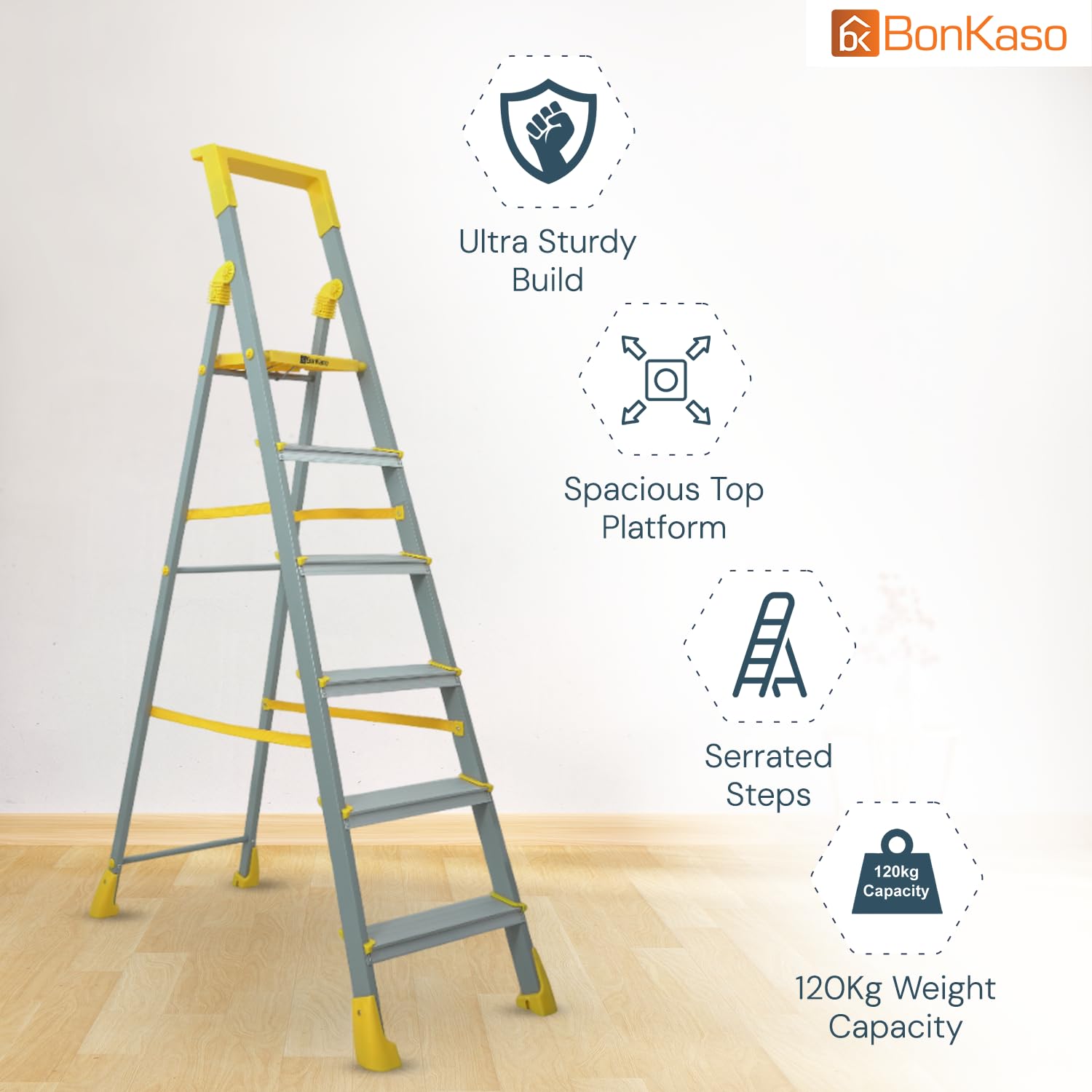 BonKaso Climb Lite Pro+ 6 Step - Foldable Ladder with Tool Tray (125W x 185H Cm)| Heavy-Duty, Anti-Slip & Firm Grip, Load Capacity Upto 120kg | Durable & Portable (Aluminium Steps, Yellow & Satin)