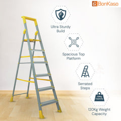 BonKaso Climb Lite Pro+ 6 Step - Foldable Ladder with Tool Tray (125W x 185H Cm)| Heavy-Duty, Anti-Slip & Firm Grip, Load Capacity Upto 120kg | Durable & Portable (Aluminium Steps, Yellow & Satin)