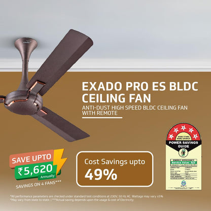 V-Guard Exado Pro ES BLDC Ceiling Fan | Remote Control | Anti Dust Coating | BEE 5 Star Rating | 400 RPM | 100% Copper Motor | 1.2M (Elegance Brown Matte), 1.2 Metres