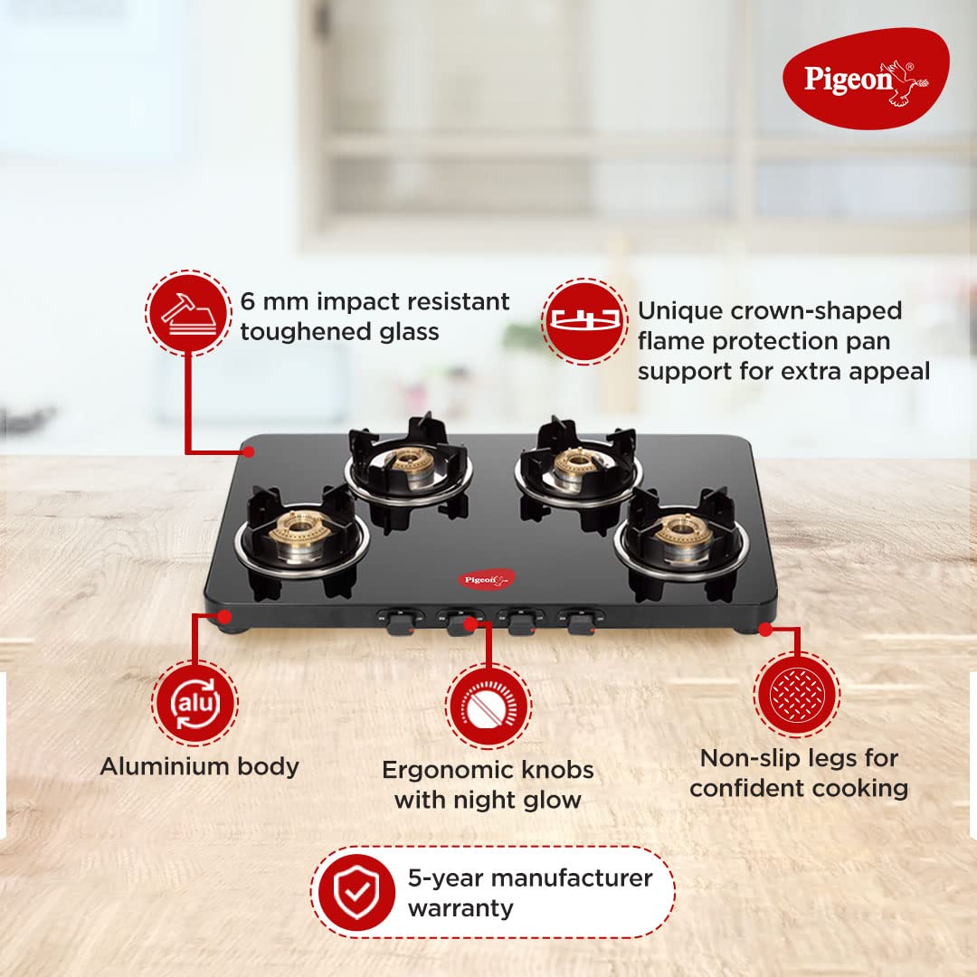Pigeon by Stovekraft Sleek 4 Burner Ultra Slim Gas Stove with Glass Top, Tempered Glass, Manual, Black