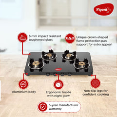 Pigeon by Stovekraft Sleek 4 Burner Ultra Slim Gas Stove with Glass Top, Tempered Glass, Manual, Black