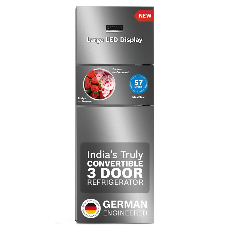 BOSCH MaxFlex Convert 302 L 3 Star Inverter Frost Free Triple Door Refrigerator (CMC33K03NI, 8-in-1 Convertible, UV Protected Body Shield, VitaFresh Technology, Adaptive UI, Sparkly Steel)
