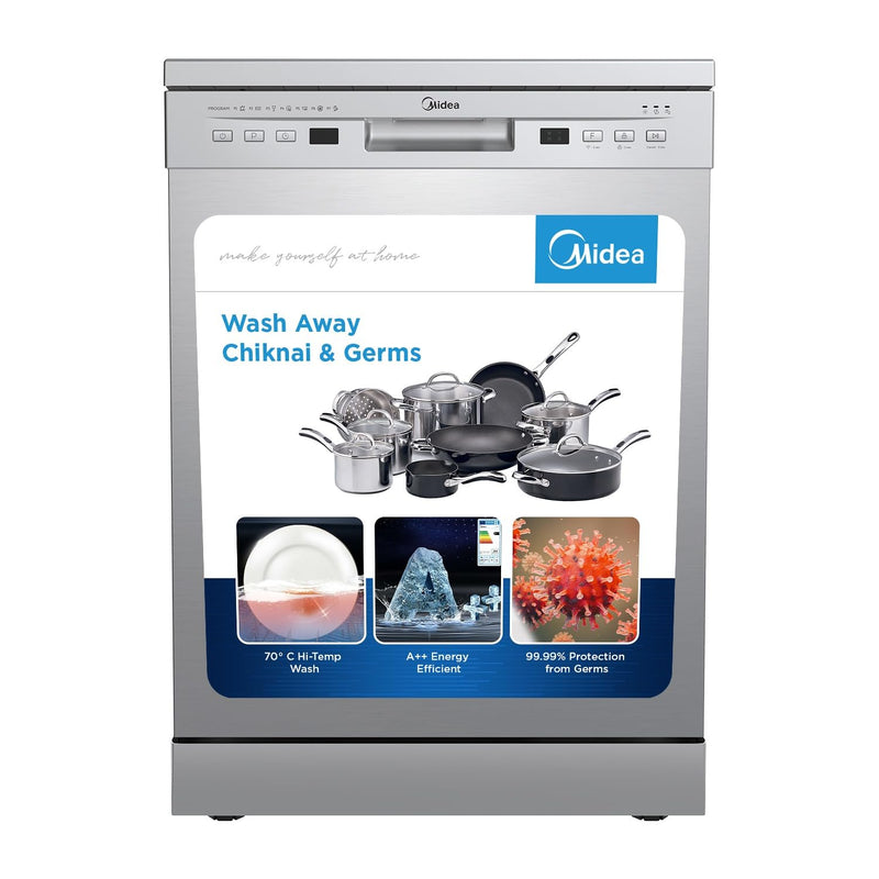 Midea 13 Place Settings Free Standing Silver Dishwasher | 7 Wash Programs | LED Display | Power Wash | Wi-Fi Enabled with Midea SmartHome App | Self Cleaning Function | MDWPF1301F(SS)-WG