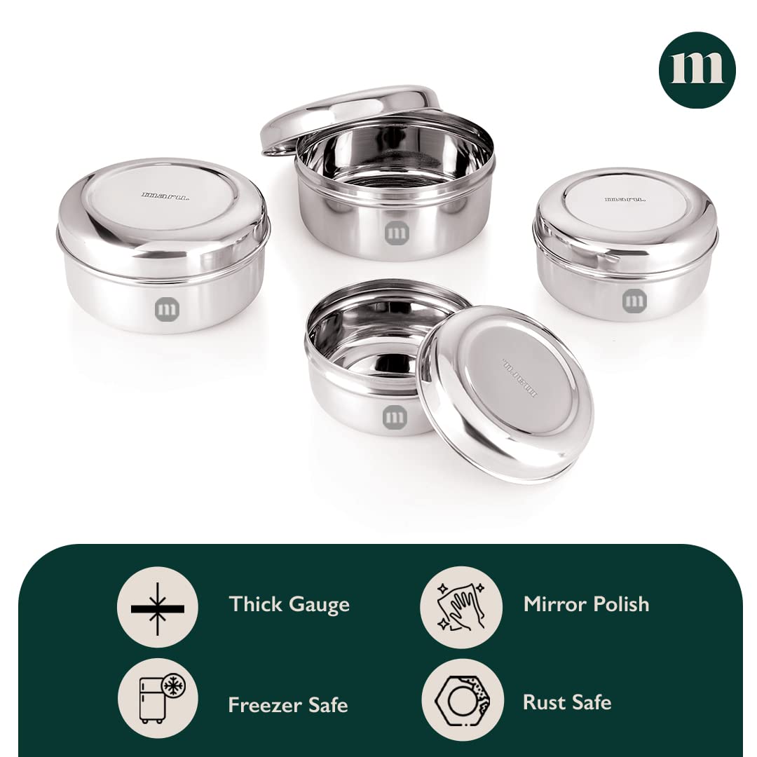 MARU Fridge Storage Containers Stainless Steel set of 4 ((250ml, 450ml, 600ml, 850ml) - Small Round Airtight Food Storage Container, Multipurpose Kitchen Boxes for Leftovers Food, Roti, Chapati & Atta