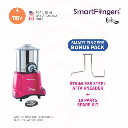 SmartFingers Stainless Steel Comfort Plus Table Top Magic Wet Grinder 110V 60Hz (1.25 L) For Usa Canada And Japan Only, Pink