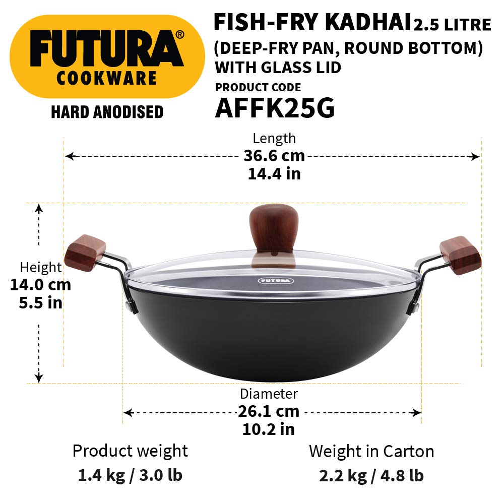 Hawkins Futura 2.5 Litre Fish Fry Kadhai, Hard Anodised Deep Fry Pan with Glass Lid, Round Bottom Kadai, Black (AFFK25G)