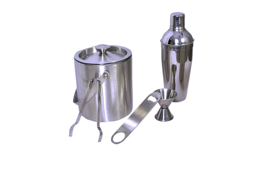 Dynore Stainless Steel 5 Piece Bar Set (Large) - Cocktail Shaker 750 ml, Ice Tong, Ice Bucket 1500 ml, Peg Measure 30/60 ml and Bottle Opener
