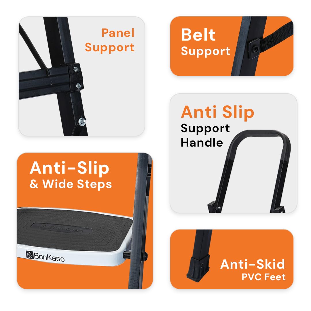 BonKaso Climb Steady Premium Alloy Steel Heavy Duty Multipurpose Foldable 5 Step Ladder with Connecting Frame & Belt Support, Load Capacity Upto 120kg | for Home and Outdoor - (Matte Black & White)