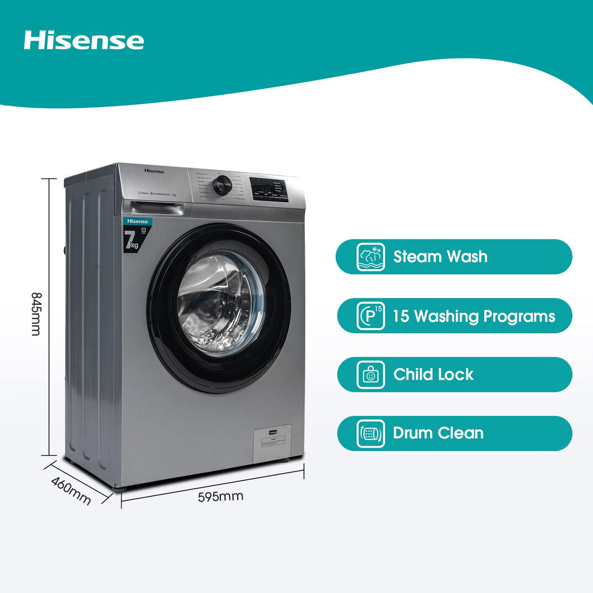 Hisense 7.0 Kg Fully-Automatic Front Loading Washing Machine (WFVB7012MS, Silver, Steam Wash, Built in Heater), Silver-3