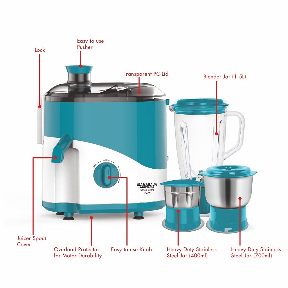 Maharaja Whiteline Odacio Prime Juicer Mixer Grinder with 3 Jars, Motor, Superior Stainless Steel Mesh, High Grade Plastic Lid for More Durability, 2 Year Warranty (Blue & White)