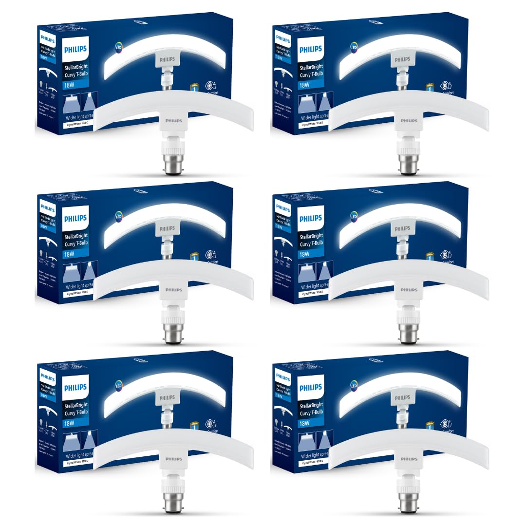 Philips 18 Watts Stellar Bright Curvy LED T-Bulb Base B22,Crystal White (Pack of 6)