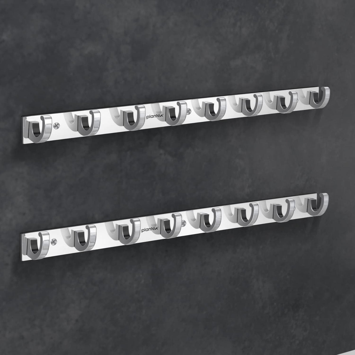 Plantex Aluminium Hook Rail for Bathroom/Cloth and Towel Hanger for Wall/Hook Rail Bar for Clothes - Pack of 2 (8 Pin, Chrome)-1