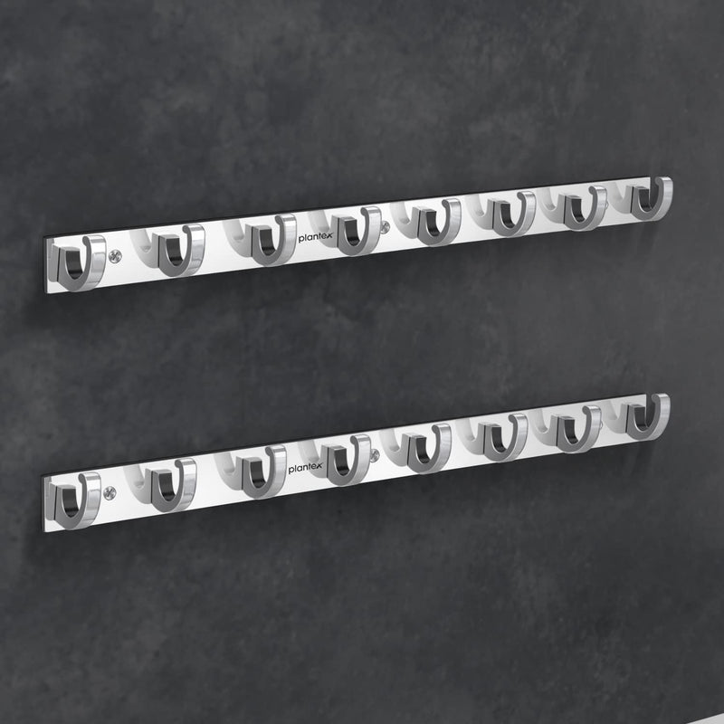 Plantex Aluminium Hook Rail for Bathroom/Cloth and Towel Hanger for Wall/Hook Rail Bar for Clothes - Pack of 2 (8 Pin, Chrome)-1