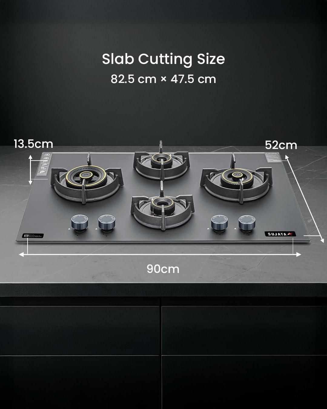 Sujata Hob Gas Stove 4 Burners Glass Top | 5 Years Warranty | 4 Burner Gas Stove Glass Top Auto Ignition, CookTop cum Hob Top, LPG & PNG Compatible, Brass Burner(Palladium FFD Auto Ignition - Black)
