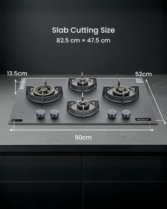 Sujata Hob Gas Stove 4 Burners Glass Top | 5 Years Warranty | 4 Burner Gas Stove Glass Top Auto Ignition, CookTop cum Hob Top, LPG & PNG Compatible, Brass Burner(Palladium FFD Auto Ignition - Black)