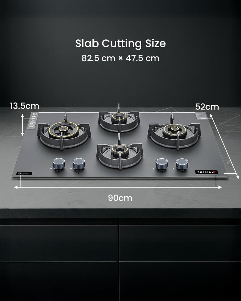 Sujata Hob Gas Stove 4 Burners Glass Top | 5 Years Warranty | 4 Burner Gas Stove Glass Top Auto Ignition, CookTop cum Hob Top, LPG & PNG Compatible, Brass Burner(Palladium FFD Auto Ignition - Black)