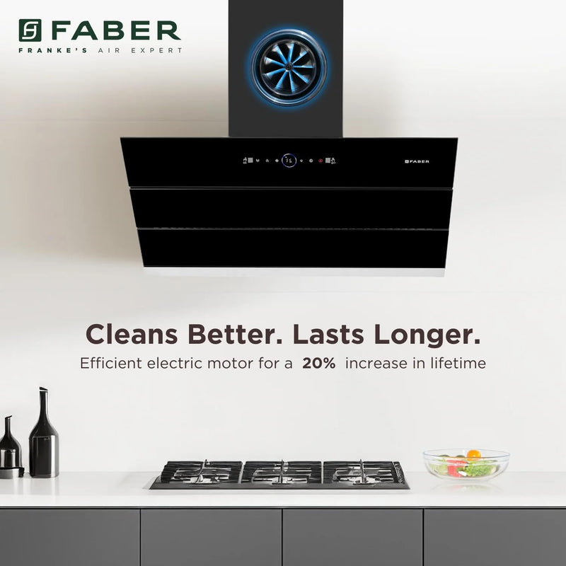 Faber 90 cm 1500 m³/hr Wall Mounted Kitchen Chimney (HOOD COMET BLDC FL HC BK 90, Filterless technology, Touch & Gesture