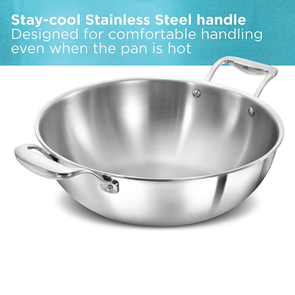 Hawkins Pro 5 Litre Deep-Fry Pan, Triply Stainless Steel Kadhai with Stainless Steel Handles and Stainless Steel Lid, Silver (PSK50S)