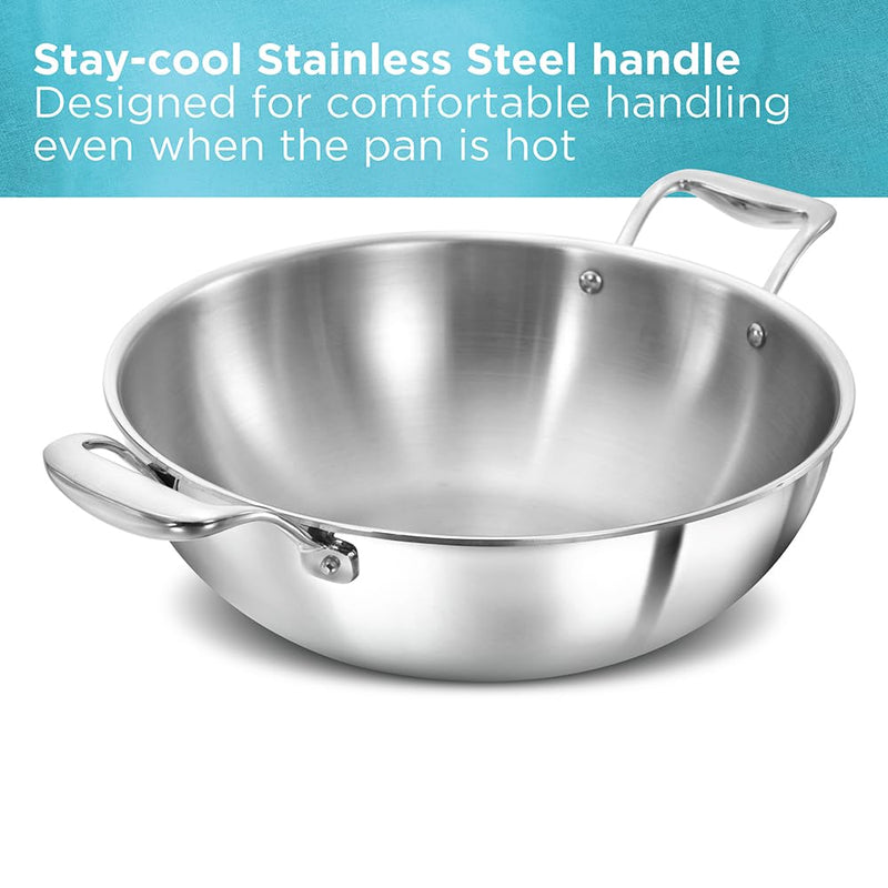 Hawkins Pro 5 Litre Deep-Fry Pan, Triply Stainless Steel Kadhai with Stainless Steel Handles and Stainless Steel Lid, Silver (PSK50S)